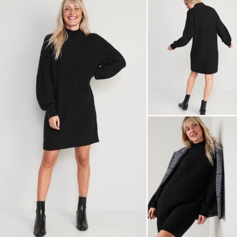 NWT! Black Long-Sleeve Mock-Neck Mini Sweater Shift Dress - Small 🔥